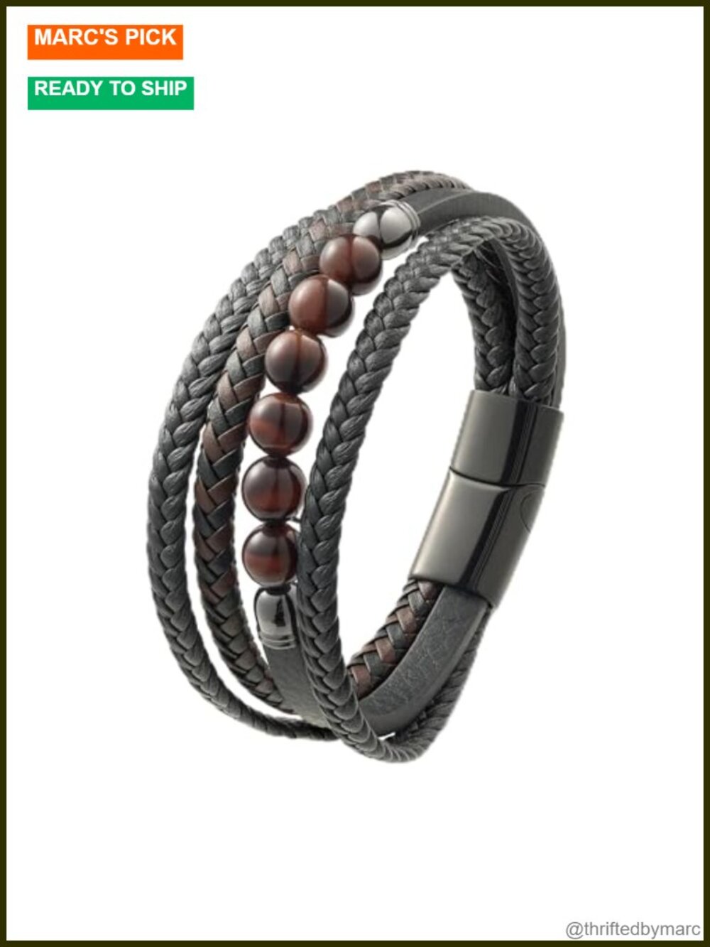 Braided Leather Bracelet with Natural Stone Beads, Stainless Steel Clasp